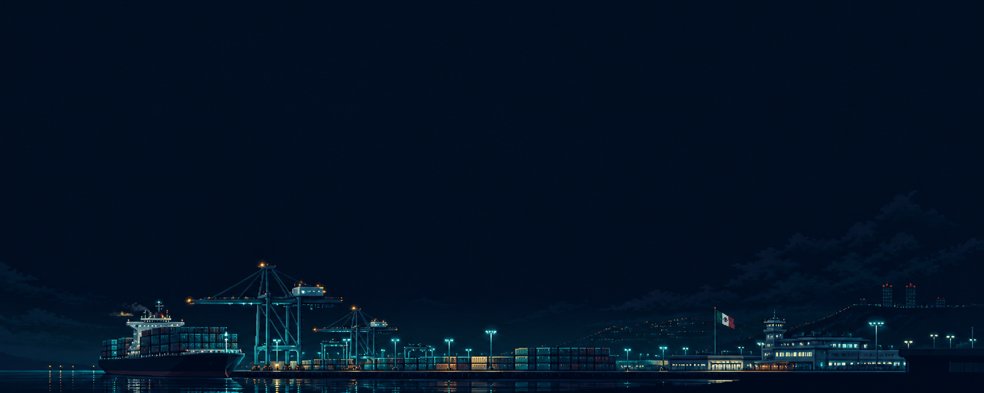 Panorama pixel art de un puerto mexicano con barco de carga, contenedores y grúas
